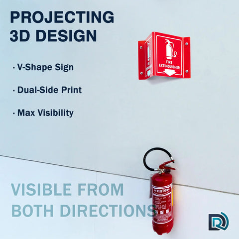 Fire Extinguisher Sign With Arrow 6 Inch 3D Two Sided Acrylic Projecting V Sign For Wall Mount Ideal For Offices Classrooms And Warehouses Bold White Text Easily Visible Fire Safety Signage Includes Screws 2 Pack installed on wall with extinguisher beneath