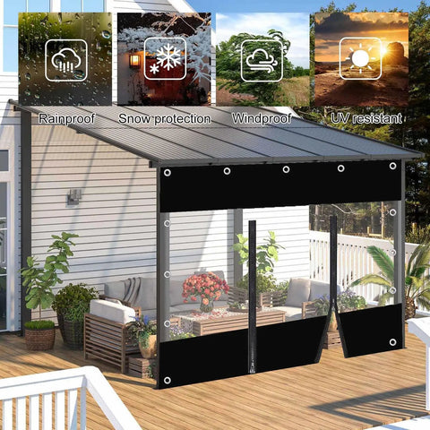 Tough As Nails Gazebo Side Panels Straight Up Waterproof Clear PVC Tarp Curtains on a patio; showing windproof and rainproof features.