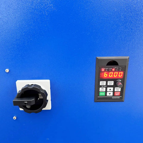 Control panel on Heavy Hitter 110 Volt Electric Drum Rotator Mixer with speed settings and power switch for easy operation.