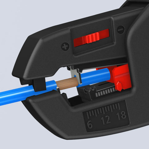 ComStrip Automatic Wire Stripper For 10-24 AWG Cables in action with blue wire and visible adjustment gauge