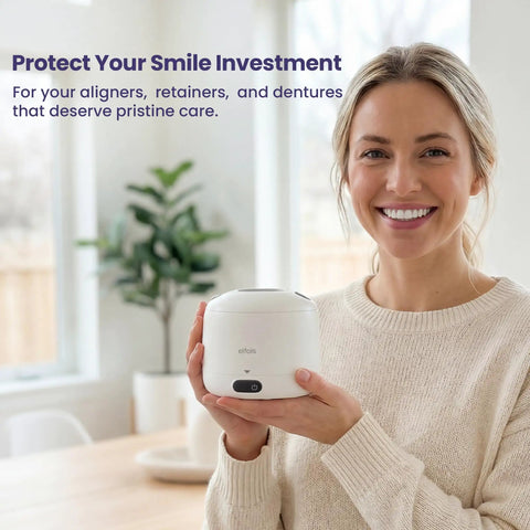 Woman holding Ultrasonic Retainer Cleaner With UV Light And 45KHz Cleaning Pod, 4 Modes, Detachable Design for dental care