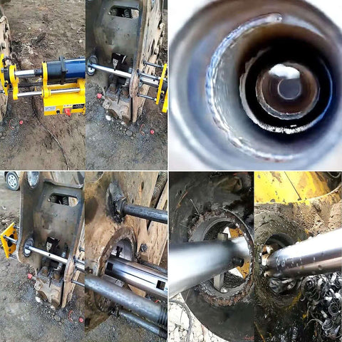 TechTONGDA 110V portable line boring and welding machine with yellow base mounted on a metal cylinder.
Side view of the yellow TechTONGDA line boring machine with guide rods clamped to a workpiece.
Close-up inside a cylindrical bore showing the inner boring tool.
Front-left view of the line boring device attached to a rough metal housing.
Installed on heavy equipment with long boring bar passing through a large bore.
Gear housing bore with metal chips and the boring tool in use.