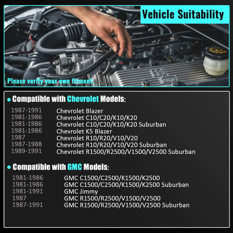 Vehicle compatibility chart for Heavy Duty Vacuum Power Brake Booster for Chevrolet C10 C20 K10 K20 Pickup 1981-1991.