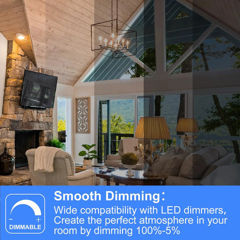 Living room featuring 60 Watt Equivalent LED Candelabra Bulbs Dimmable Soft White 2700K 550LM B11 E12 for warm ambiance.