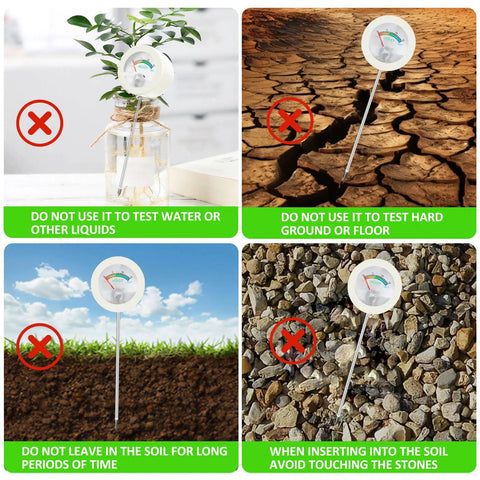 All-In-One Soil Moisture Meter and pH Test Kit for Indoor Outdoor Plants with 200 Plus Plant Care Guide, 100 pH Strips, 50ml Test Tube, No Battery Needed, Pro-Grade Garden Tool, showing usage warnings for soil and liquids.