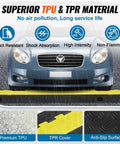 Front view of Beefed Up Heavy Duty 5 Pack TPU Cable Protector Ramp with 2 Channel Design placed under a car on driveways.