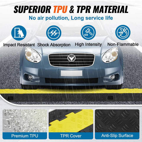 Front view of Beefed Up Heavy Duty 5 Pack TPU Cable Protector Ramp with 2 Channel Design placed under a car on driveways.