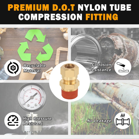 Premium DOT nylon tube compression fitting with corrosion resistance, high pressure resistance, and recyclable material features.