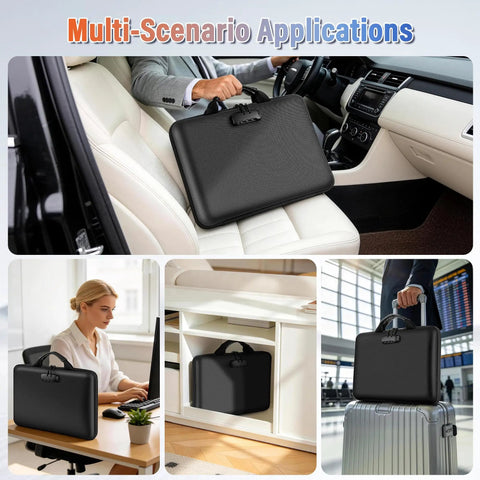 Legit Heavy Duty Fireproof Document Safe Box With Lockable Zipper in car, office, and travel scenarios showcasing versatility.