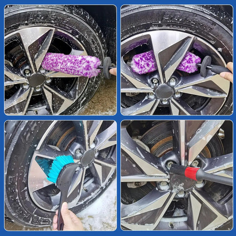 4 Pack Wheel And Tire Cleaning Brush Kit For Cars, Motorcycles, RVs And Trucks, Ultra Soft Synthetic Woolies, 360 Bendable Bristles, No Spatter, Includes Stiff Tire Brush And Soft Detailing Brush For Rims, Hubs And A Next Level Clean wheel brushes on alloy rims