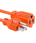 Close-up of Rugged Outdoor Extension Cord 100 Ft, 16 AWG 125V, UL Listed 3-Prong Power Cable with orange plug ends