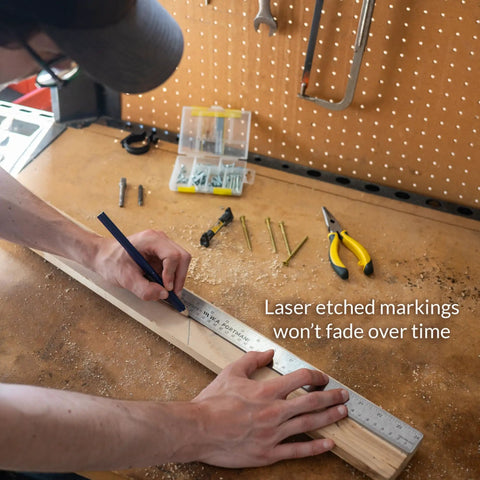 Person using Heavy Duty Stainless Steel Ruler 24 Inch With Cork Backing, Long Lasting Straight Edge for precise crafting