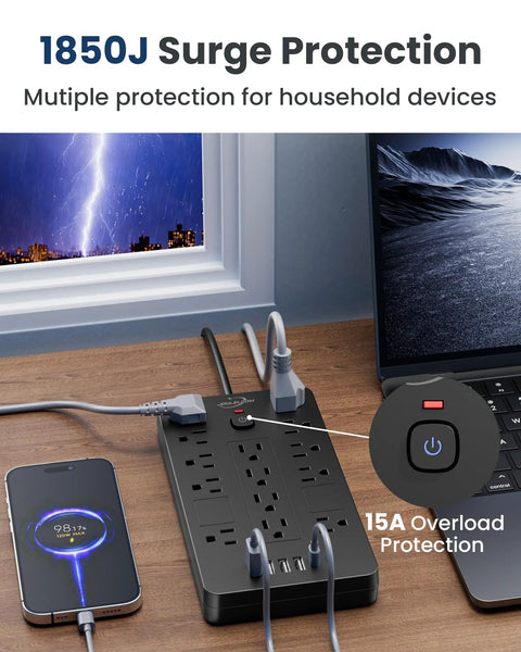 Heavy Duty 6 Ft Extension Cord Surge Protector Power Strip With 14 AC Outlets And 6 USB Ports Straight Up Solid Powerhouse for device protection.