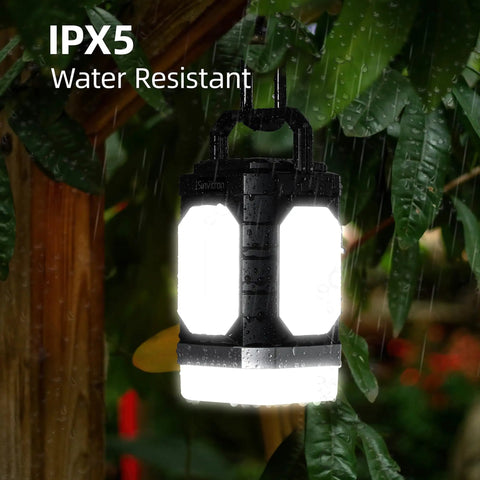 Rechargeable Camping Lantern With Five Sided Lighting, 1000 Lumens, IPX5 Waterproof hanging outdoors in rain