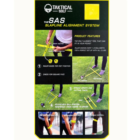 Pocket Size Golf Alignment Sticks And Swing Aid With Modular Ruler System displayed on grass with instructions and features.