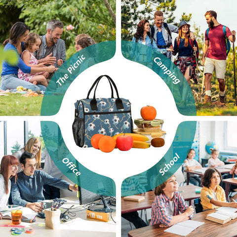 Insulated Lunch Box With Soccer Balls Design Light Blue Medium Grab And Go Meal Prep Lunch Bag Durable Nylon Exterior Pearl Cotton Insulation Keeps Food Fresh All Day Easy Carry Handle for school, office, picnic, and camping