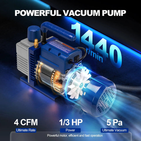 All In One HVAC Vacuum Pump Kit With One Third Horsepower Single Stage Rotary Vane Pump And Gauge Set For Auto And Home AC Systems Leak Detector Hoses And Essential Tools For Refrigeration, 1/3 HP, 4 CFM