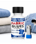 Permanent Fabric Glue That Sticks Like A Dream, 50ml bottle with denim and canvas fabric, ideal for clothing repairs and patches.