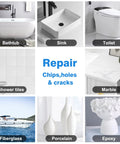 Collage of repair surfaces showing bathtub, sink, toilet, shower tiles, marble, fiberglass, porcelain, and epoxy with text on repair uses.