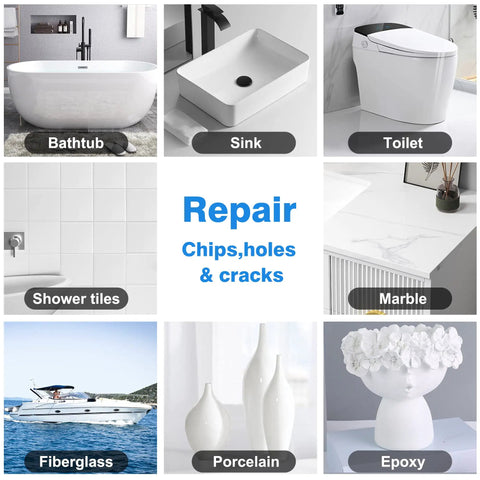 Collage of repair surfaces showing bathtub, sink, toilet, shower tiles, marble, fiberglass, porcelain, and epoxy with text on repair uses.