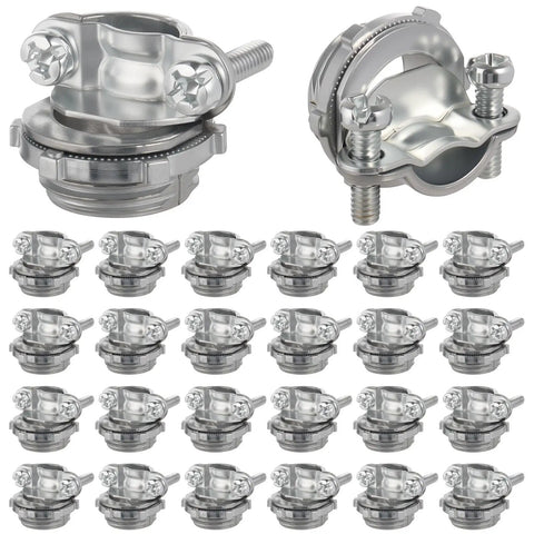 25 Pack Half Inch Clamp Type Cable Connectors with zinc alloy wire clamps for NM cables, electric wires, metallic conduit, and electrical box