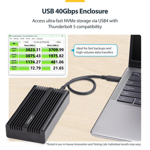 Top Notch USB4 And Thunderbolt 3 M.2 Nvme Ssd Enclosure Featuring Chill Aluminum Heatsink Casing on a desk connected to a laptop.