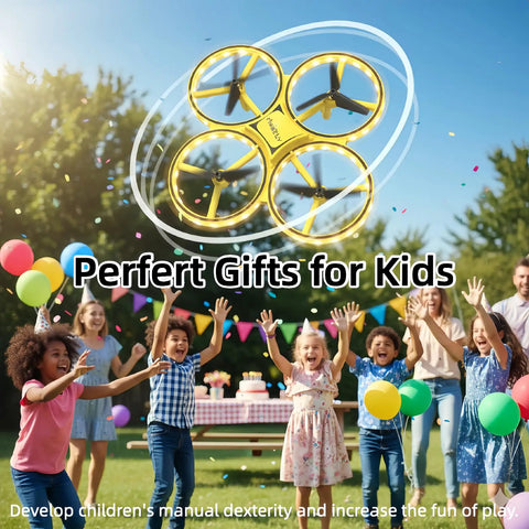Kids Hand Controlled Drone With Gesture Sensing And Smart Watch Control LED Light Show Quad Copter flying above celebrating children