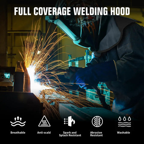 Welder wearing Heat Resistant Welding Hood Neck Protection With Abrasion Guard And Shoulder Drape Protective Head Cover