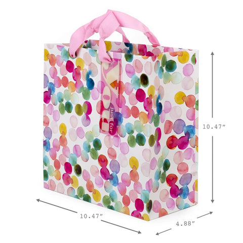 10.47 Inch Square Gift Bag With Watercolor Dots And Just For You Design, sturdy high quality paper, 10.47 by 10.47 by 4.88 inch