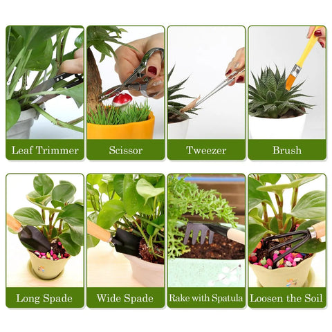 All In One Bonsai Tools Set For Beginners And Hobbyists, 9 Piece Mini Garden Kit with shears, rake, scissors, tweezers