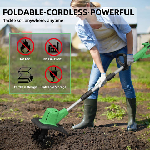 Person using Powerful Battery Powered Garden Tiller With 360 RPM Motor And Dual 3.0Ah Batteries Plus Charger in a garden