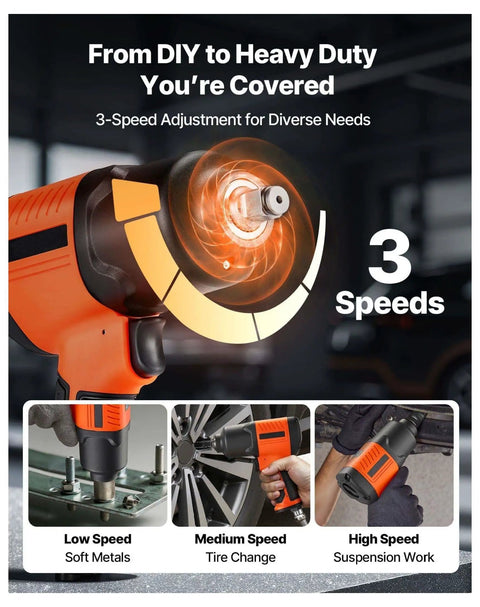 Professional Grade Badass 1/2 Inch Drive Air Impact Wrench with 3 speeds shown for various applications.