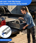 Heavy Duty 72 Inch Drawer Slides With 500 Lb Capacity, Full Extension, Lock-In Lock-Out, Side Mount Ball Bearing Rails For RV, Truck Bed, Trailer, And Pull-Out Tool Drawers installed in a truck bed drawer