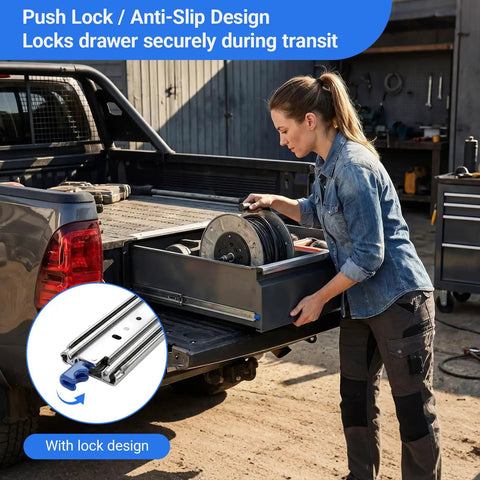 Heavy Duty 72 Inch Drawer Slides With 500 Lb Capacity, Full Extension, Lock-In Lock-Out, Side Mount Ball Bearing Rails For RV, Truck Bed, Trailer, And Pull-Out Tool Drawers installed in a truck bed drawer