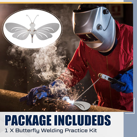 Person welding with helmet and Butterfly Welding Practice Kit 8 Pcs Coupons For Beginners And Pros, DIY Gift in frame.