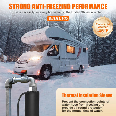 25ft heated RV water hose with thermal insulation sleeve connected to an outdoor faucet in snow