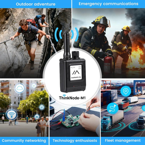 Collage featuring ThinkNode M1 LoRa Meshtastic Transceiver With GPS and One Point Five Four Inch EPD Screen in emergency and outdoor use.