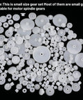 200 Piece Plastic Gear Set Kit For DIYers Working On Models And Toys, Wide Range Spindle And Small Motor Gears, showing assorted plastic gears on black background