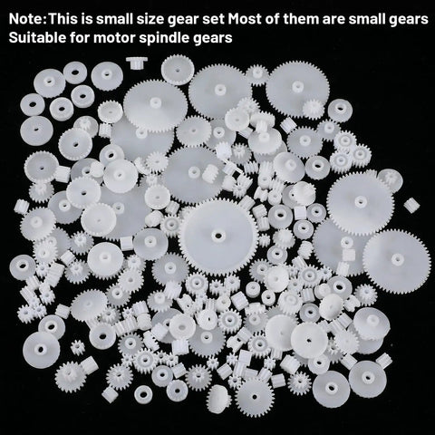 200 Piece Plastic Gear Set Kit For DIYers Working On Models And Toys, Wide Range Spindle And Small Motor Gears, showing assorted plastic gears on black background