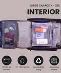 Open Underseat Carry-On Luggage With 28L Capacity, Sustainable Travel Bag Made From Recycled RPET showing interior pockets and contents.