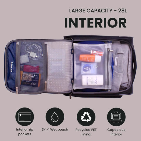 Open Underseat Carry-On Luggage With 28L Capacity, Sustainable Travel Bag Made From Recycled RPET showing interior pockets and contents.