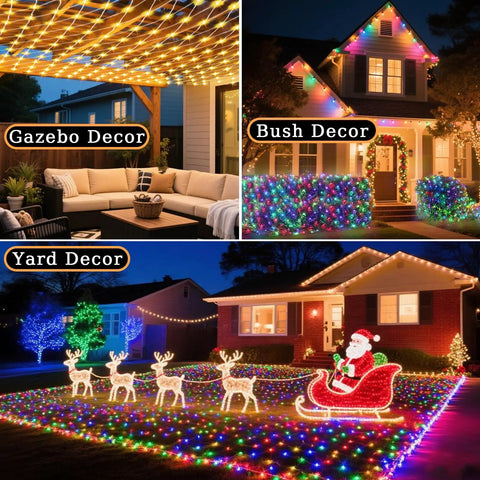 Color Changing Christmas Net Lights RGB 204 LED Mesh For Outdoor Decor 9.8x6.6 Ft used in gazebo, bush, and yard setups