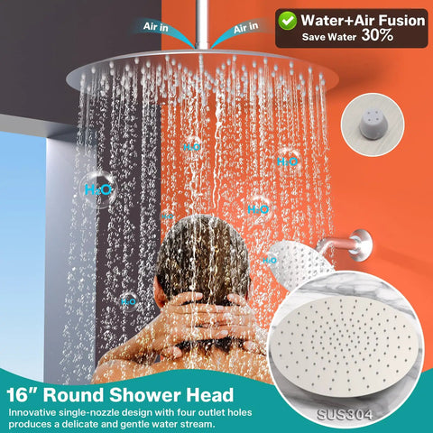 Enga Dual Head Shower System with 4 Body Jets, 16" + 6" Round Shower Head with 2 in 1 Handheld Combo, Ceiling Mounted Shower Jets System Shower Faucet Set, Brushed Nickel featuring 16" round shower head spraying water.