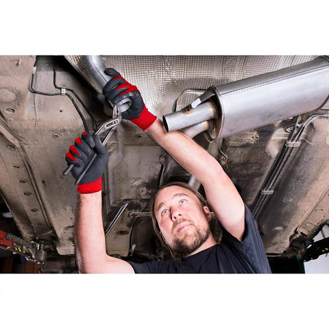 Mechanic using wrench wearing nitrile coated work gloves, size large, oil and grease resistant, with tight grip, under car