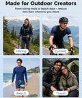 Collage of outdoor activities: hiking, cycling, beach, and travel; people in nature settings with gear, highlighting diverse adventures.