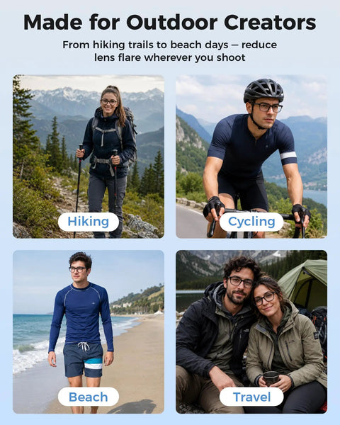Collage of outdoor activities: hiking, cycling, beach, and travel; people in nature settings with gear, highlighting diverse adventures.