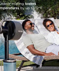 FlexBreeze Pro Mist Fan Indoor Outdoor Chill Machine With Built-In Misting beside a pool providing cooling to two people on loungers