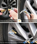 All Metal Lock On Air Chuck For Tire Inflation 90 Degree Locking Valve Chuck being attached to a tire nozzle.