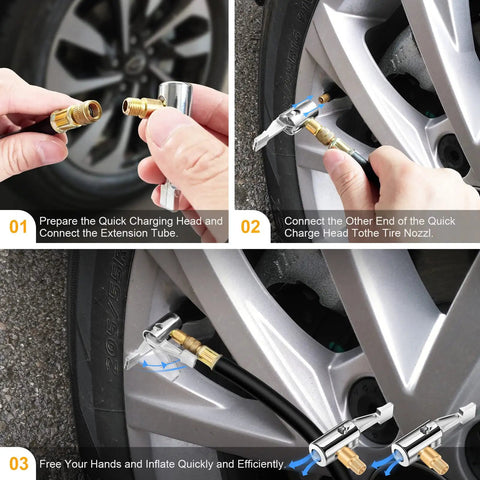 All Metal Lock On Air Chuck For Tire Inflation 90 Degree Locking Valve Chuck being attached to a tire nozzle.