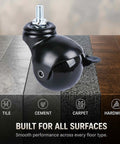 Set Of Four 2 Inch Swivel Ball Casters With Locking Brake M8x15mm Grip Neck Stem For Hassle Free Furniture Upgrade Durable E Coated Black Wheels on various floor surfaces.